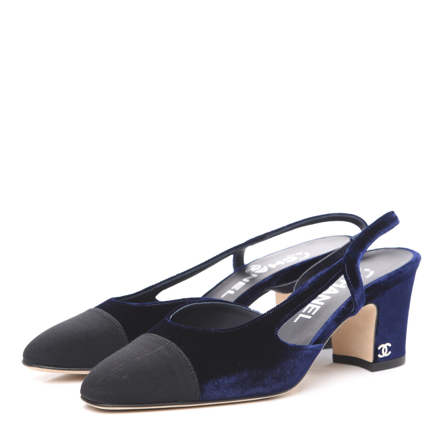 Chanel Velvet Grosgrain Cap Toe CC Slingback Pumps 35.5 Blue Black 3 of 9