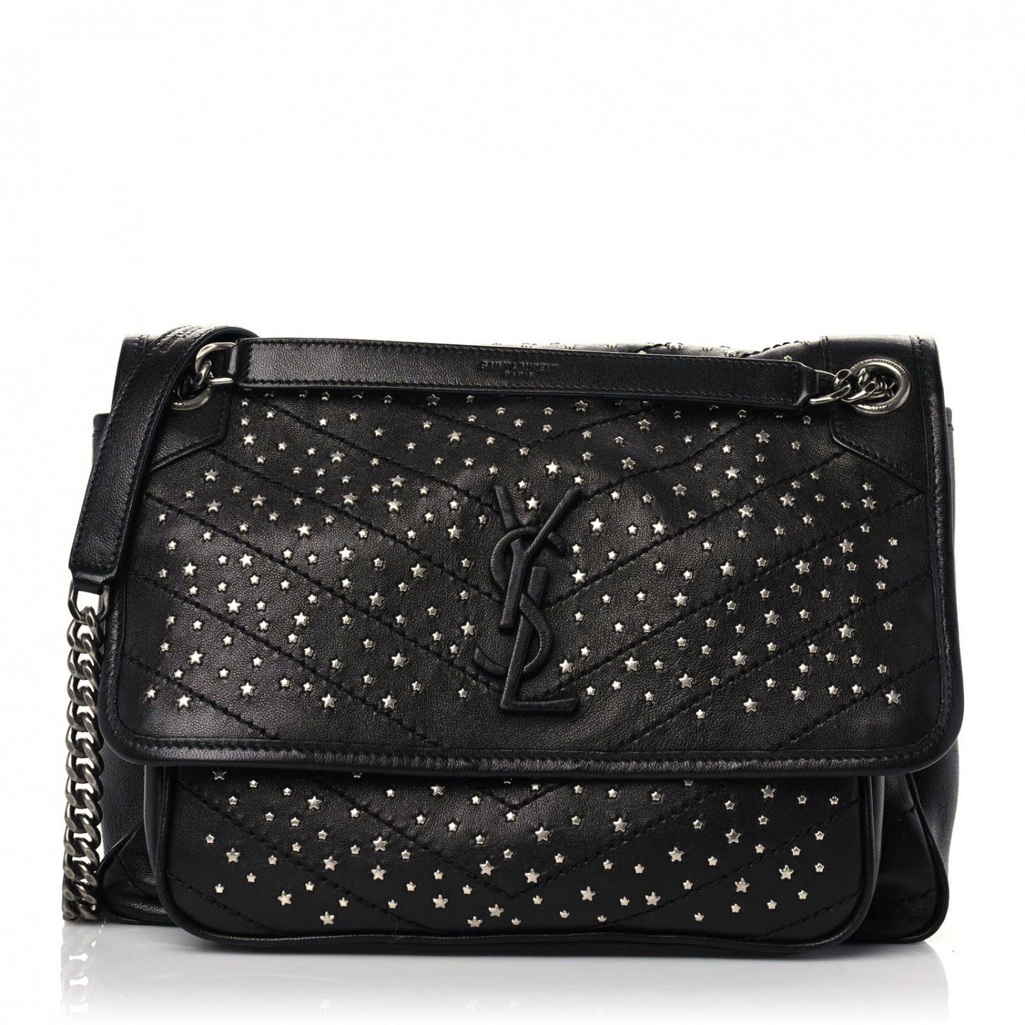 Calfskin Matelasse Monogram Studded Stardust Medium Niki Chain Satchel Black