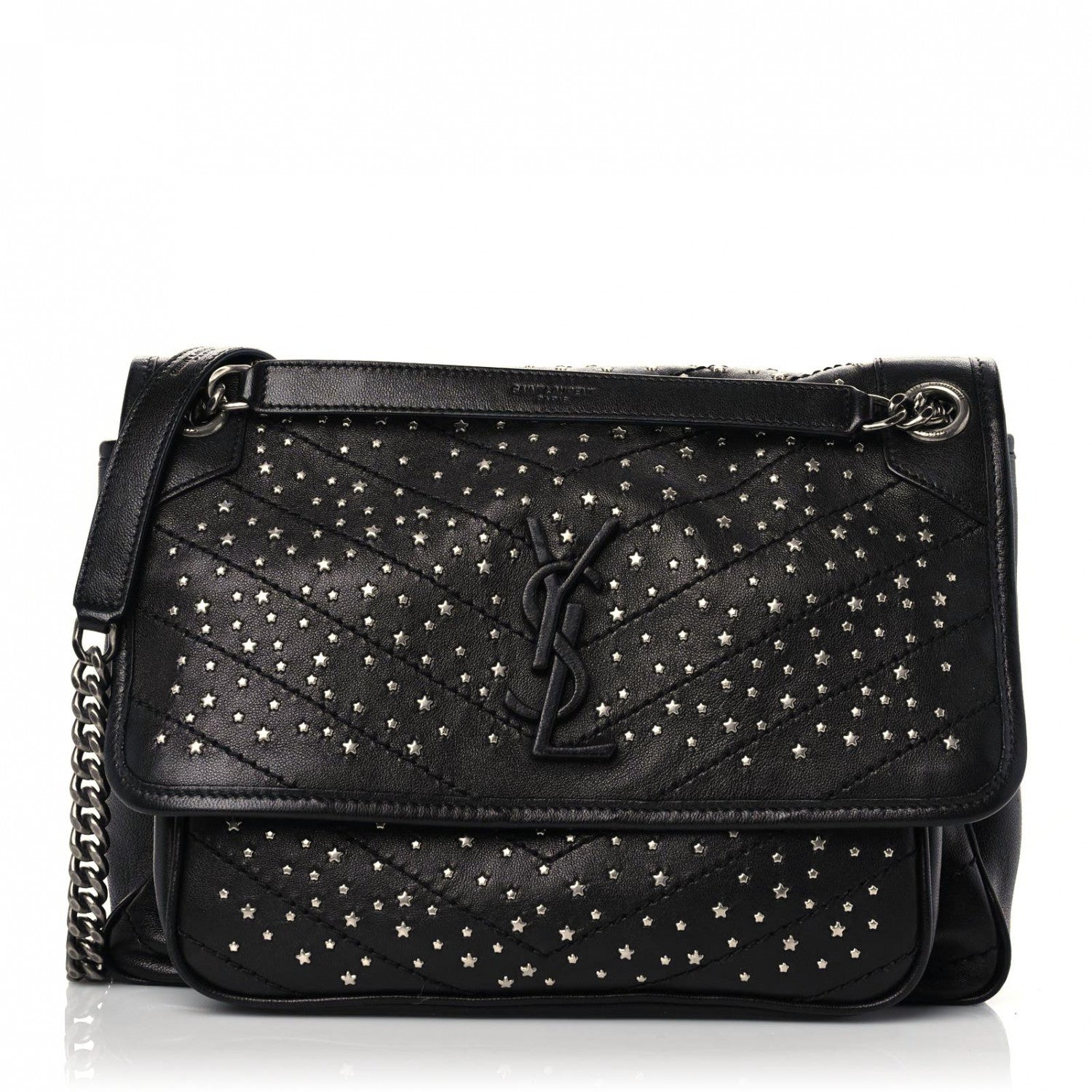 Saint Laurent Calfskin Matelasse Monogram Studded Stardust Medium Niki Chain Satchel Black 1 of 12