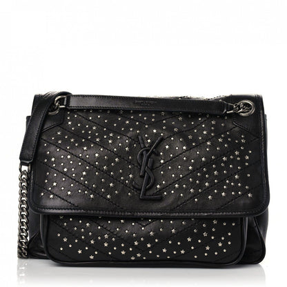 Saint Laurent Calfskin Matelasse Monogram Studded Stardust Medium Niki Chain Satchel Black 1 of 12