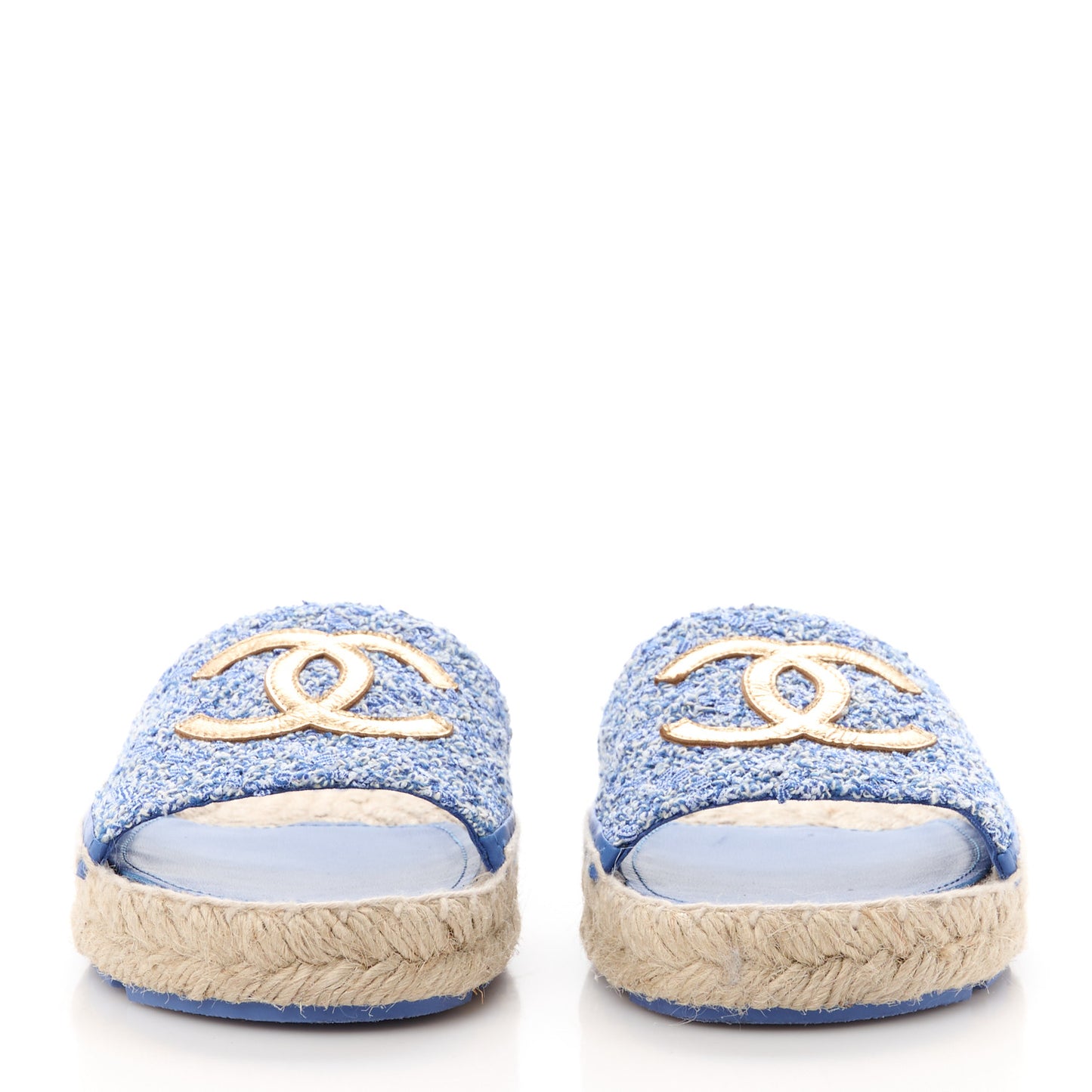 Tweed Laminated Lambskin CC Slide Sandals 38 Blue Gold