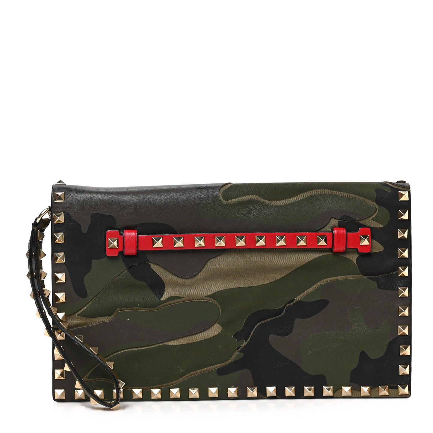 Nappa Canvas Camouflage Rockstud Wristlet Clutch Verde Rouge