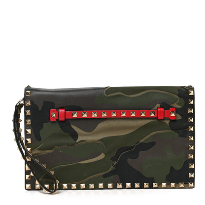 Valentino Garavani Nappa Canvas Camouflage Rockstud Wristlet Clutch Verde Rouge 1 of 7