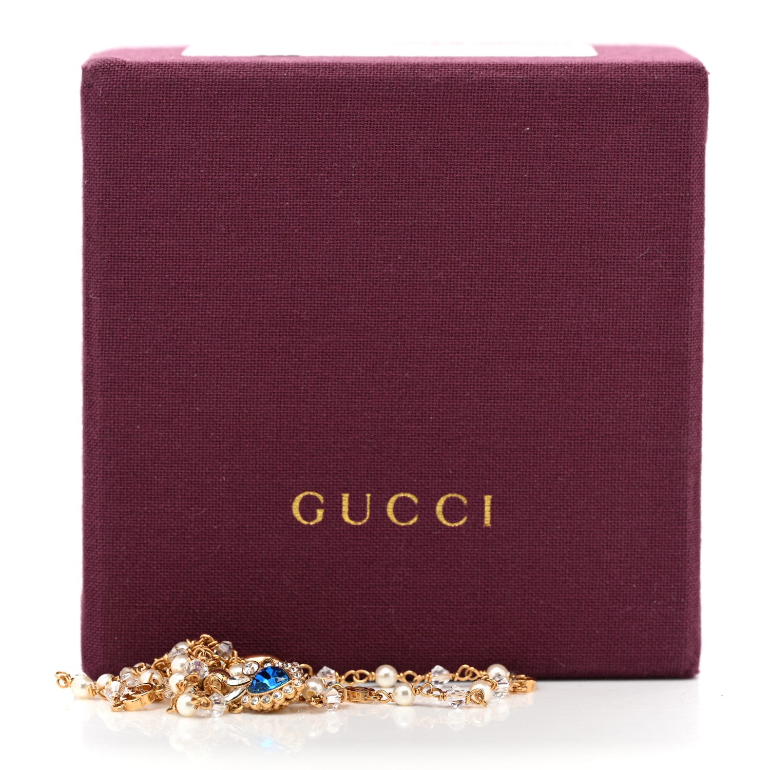 Gucci Metal Crystal Pearl Heart Necklace Gold Blue 6 of 6