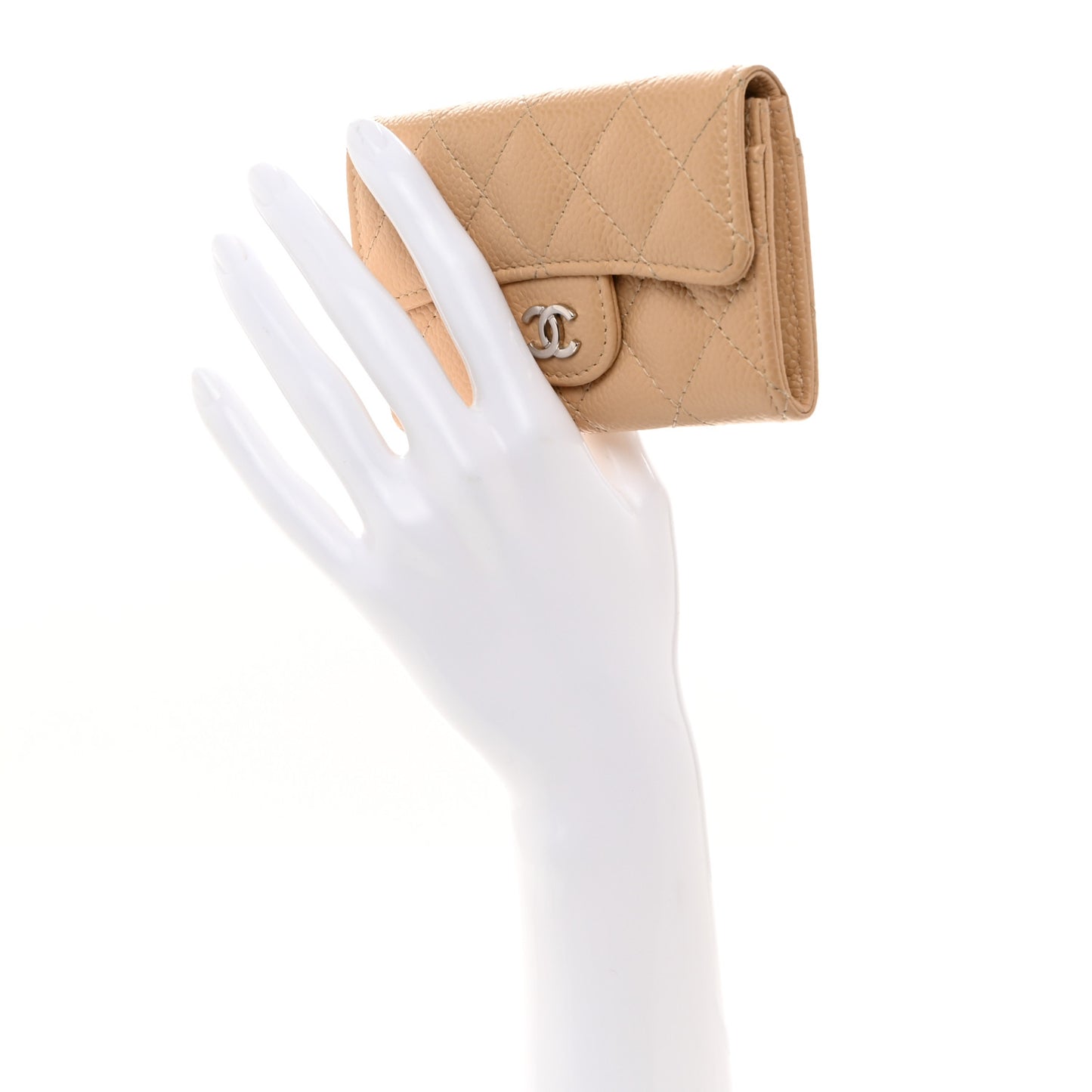 Caviar Quilted Flap Card Holder Wallet Beige