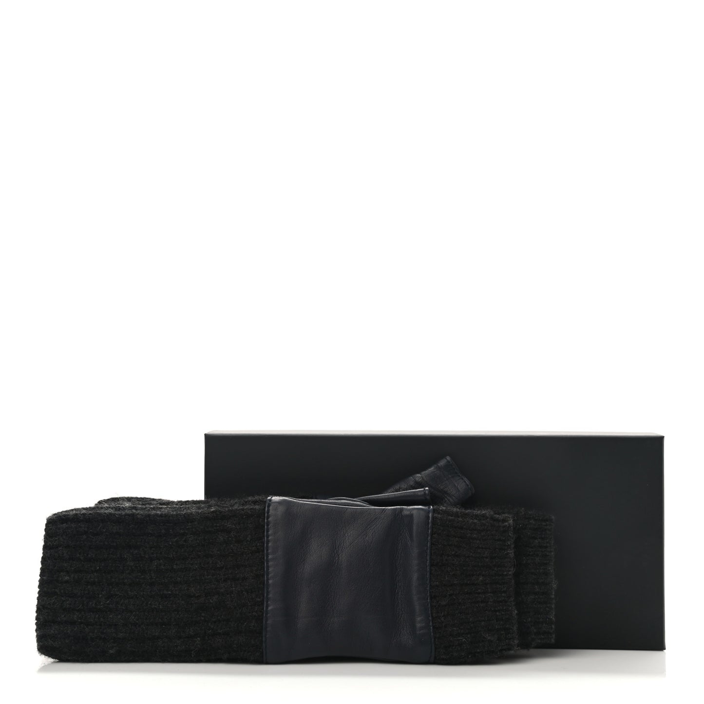 Wool Lambskin Fingerless Gloves 7.5 Navy Dark Grey