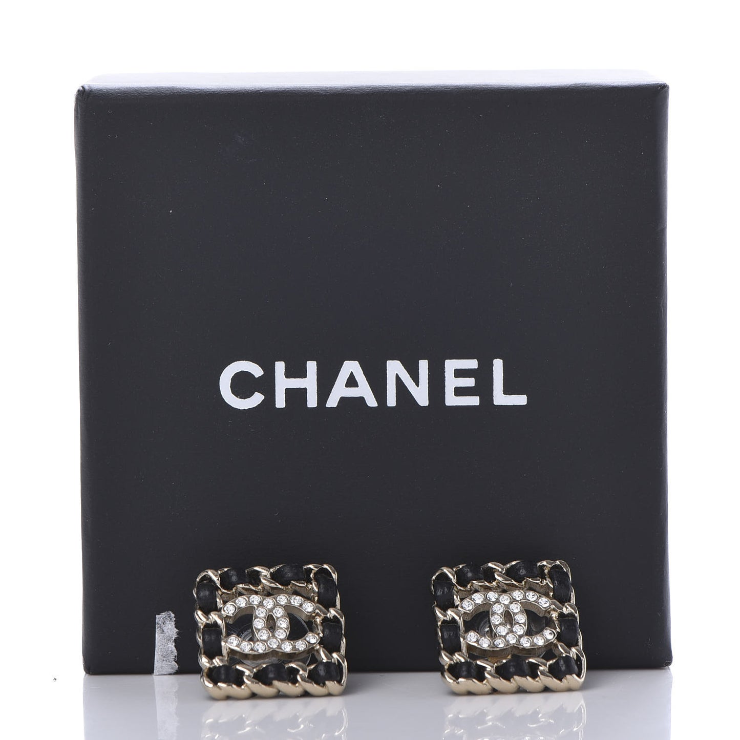 Crystal Lambskin Chain Sergeant Stud Earrings Black Gold