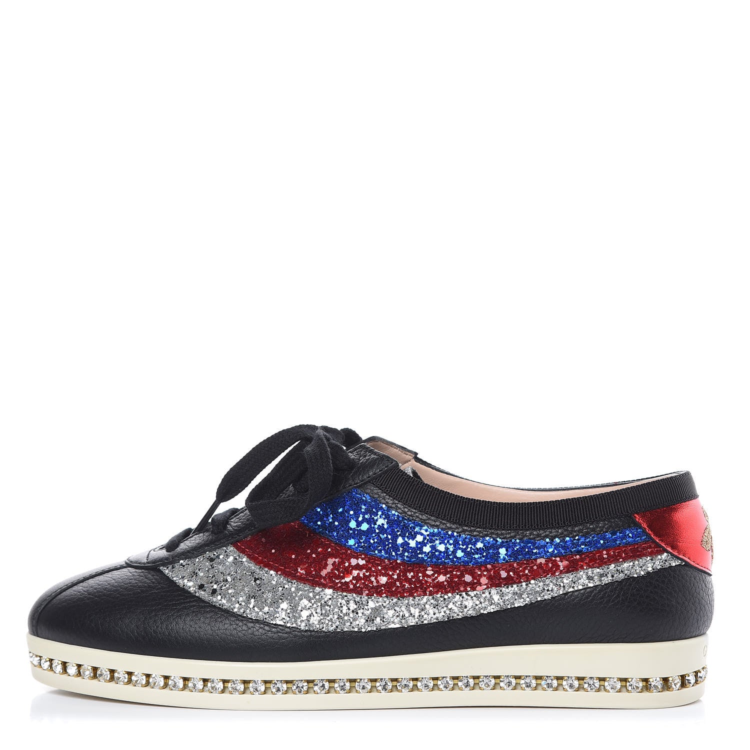 Gucci Calfskin Glitter Crystal Womens Sylvie Web Falacer Sneakers 36.5 Black 1 of 10