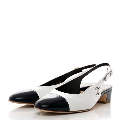 Chanel Calfskin Cap Toe CC Slingback Pumps 40 White Dark Navy 3 of 10