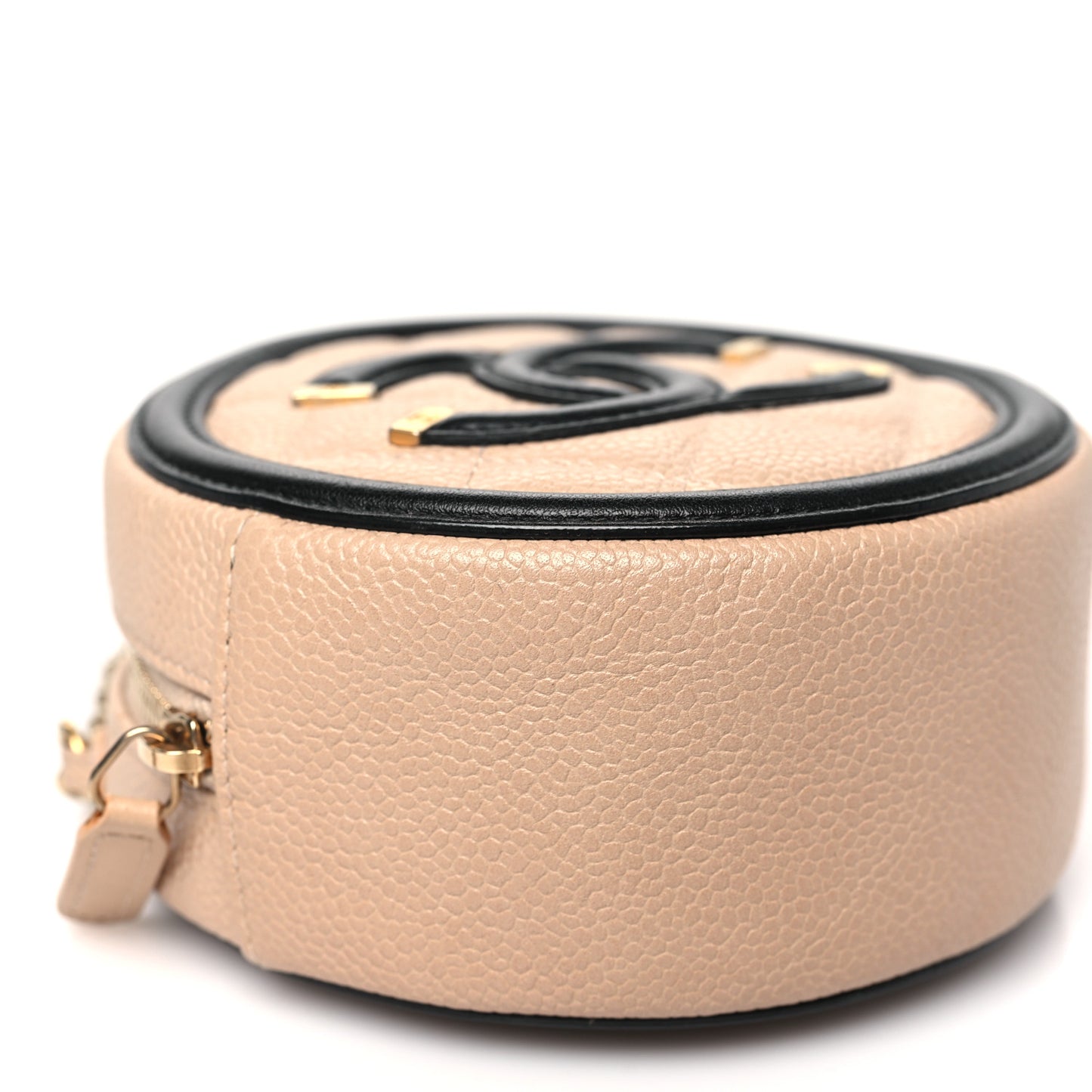 Caviar Quilted Round Filigree Crossbody Beige Black