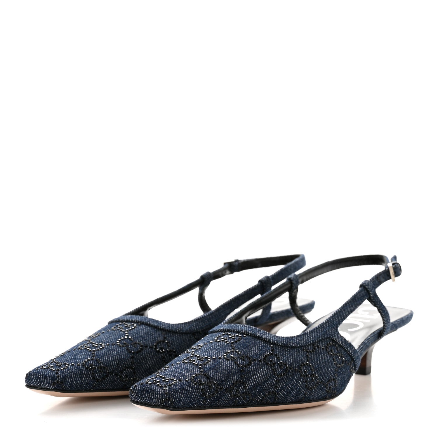 Gucci Denim GG Monogram Malaga Kid Crystal Square G 35mm Slingback Pumps 39.5 Blue 4 of 10