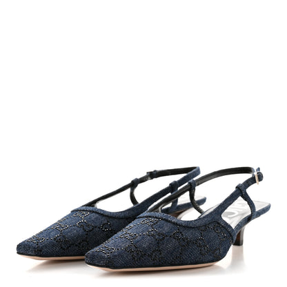 Gucci Denim GG Monogram Malaga Kid Crystal Square G 35mm Slingback Pumps 39.5 Blue 4 of 10