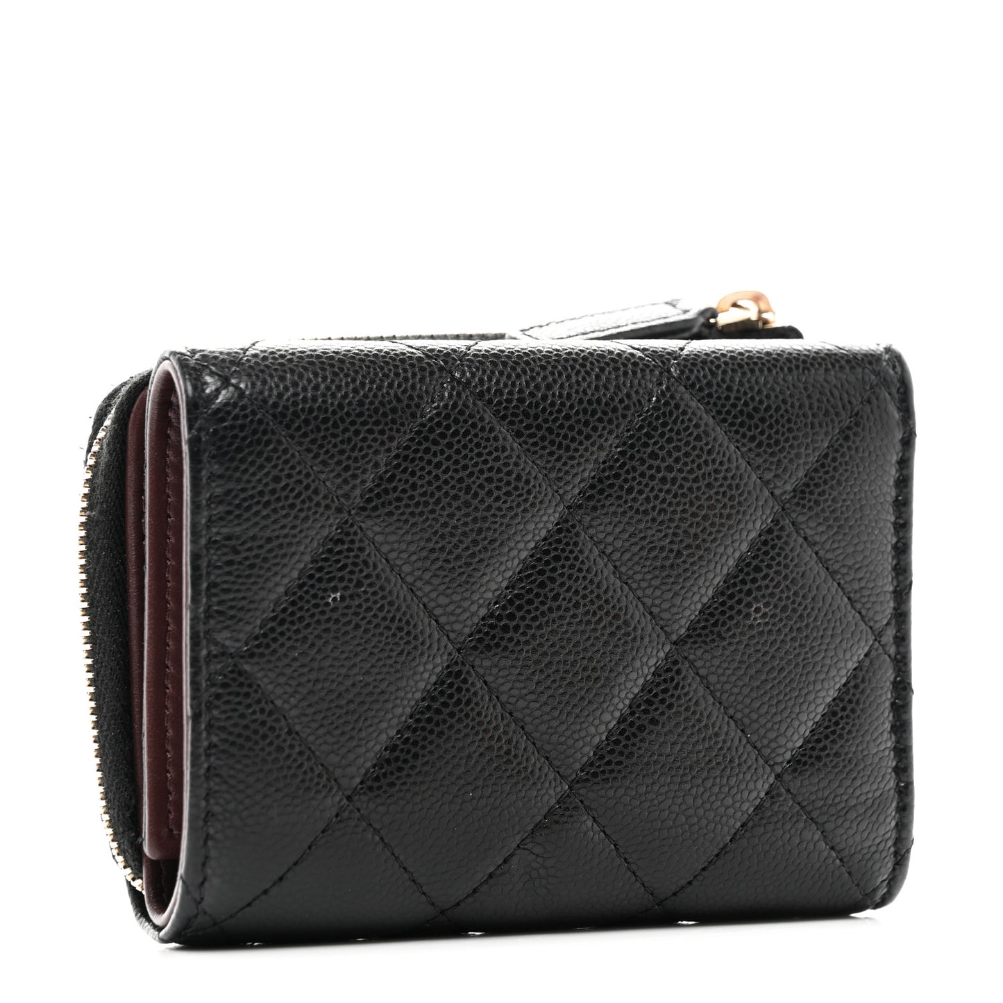 Caviar Quilted CC Zip Compact Trifold Wallet Black