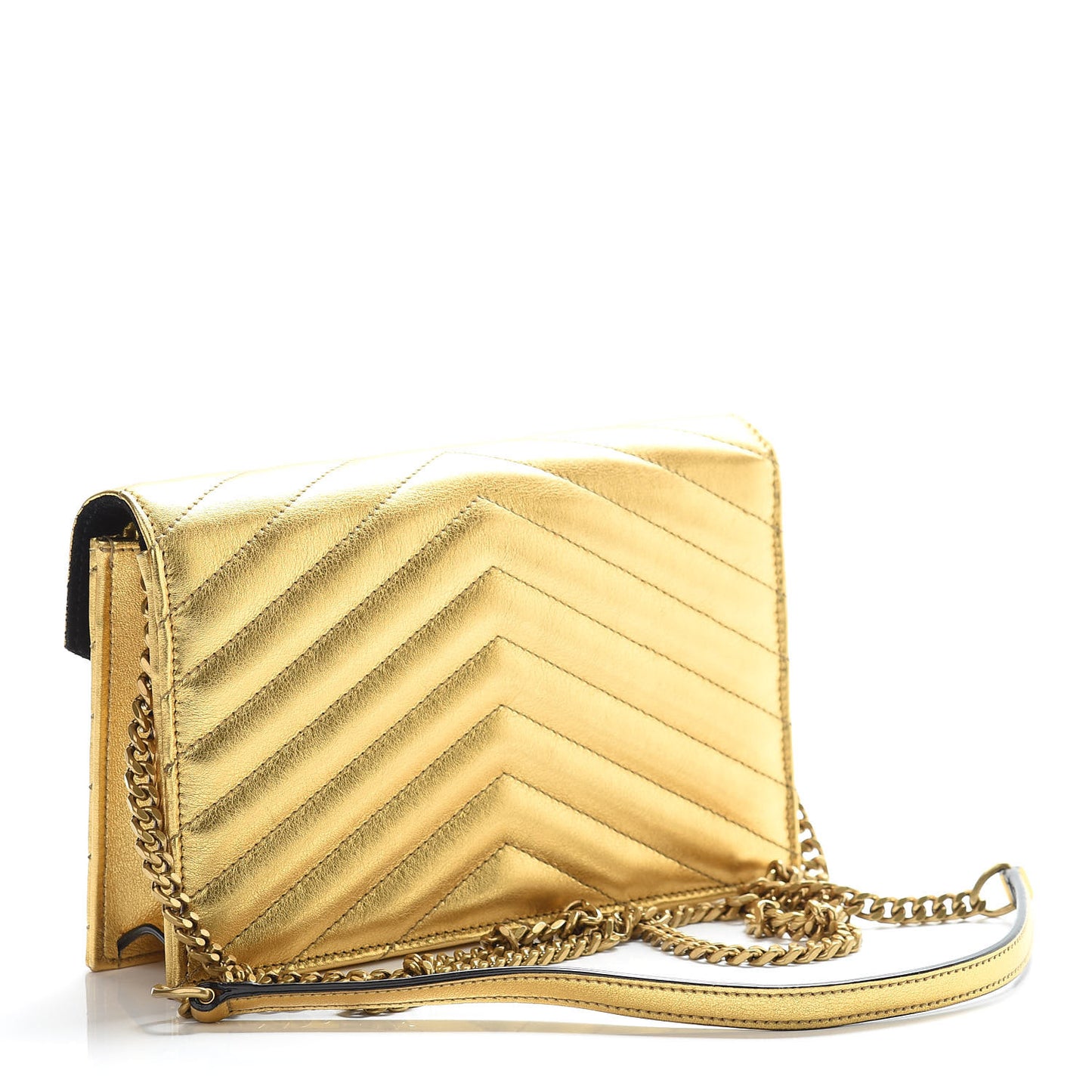 Metallic Calfskin Matelasse Chevron Monogram Envelope Chain Wallet Gold