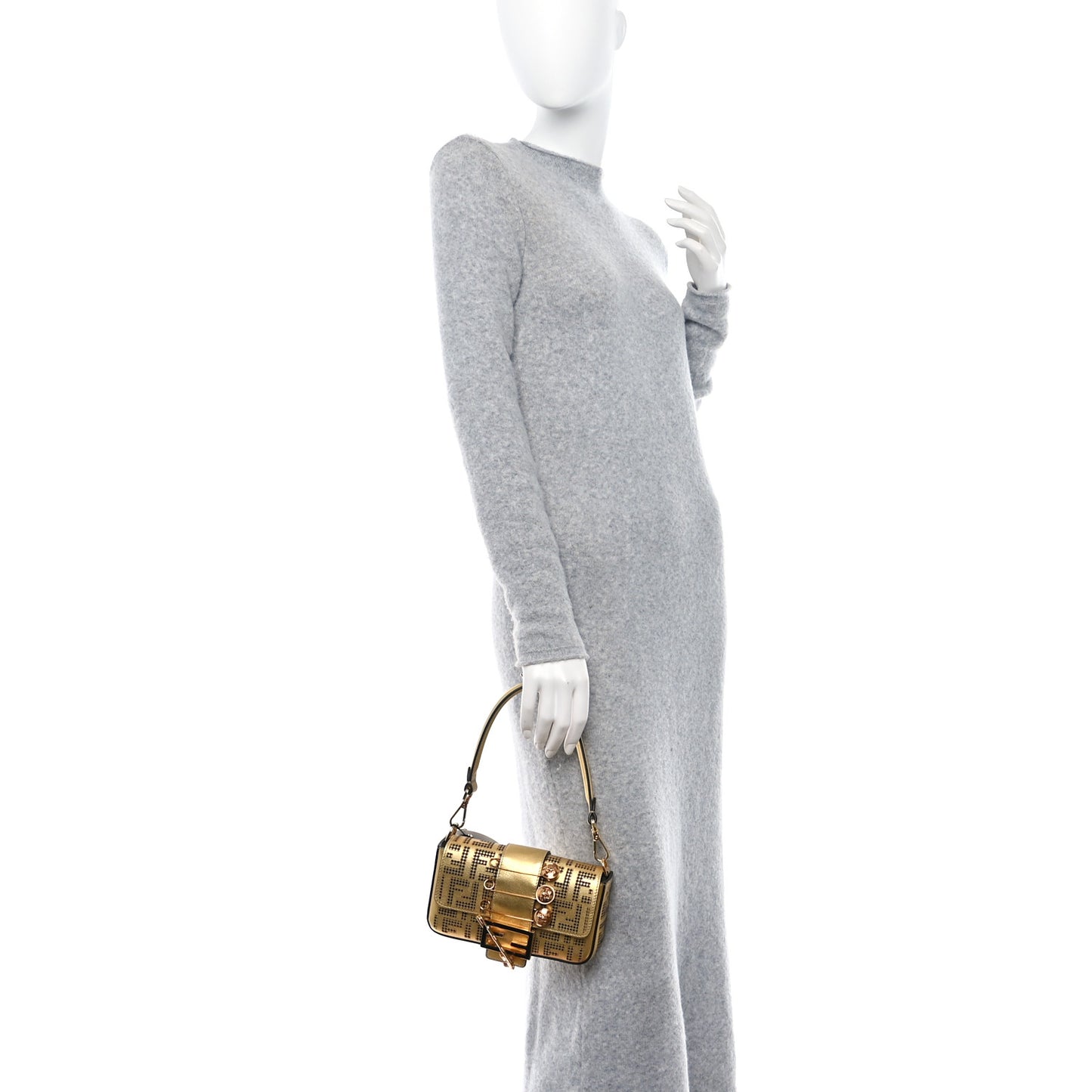 X VERSACE Vitello Laminato Nappa Perforated Fendace FF Baroque Mini Brooch Baguette Gold