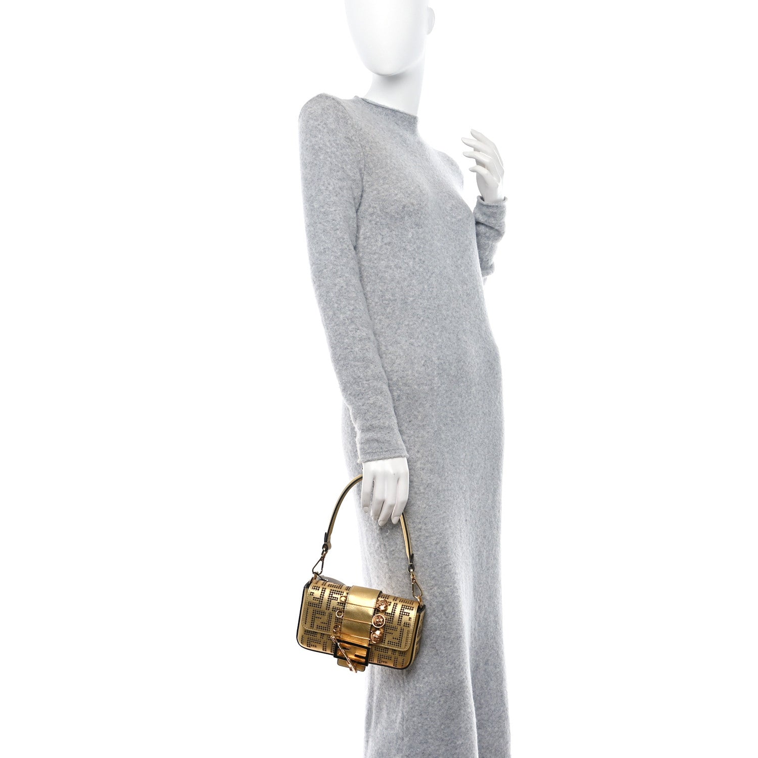 Fendi X VERSACE Vitello Laminato Nappa Perforated Fendace FF Baroque Mini Brooch Baguette Gold 2 of 10