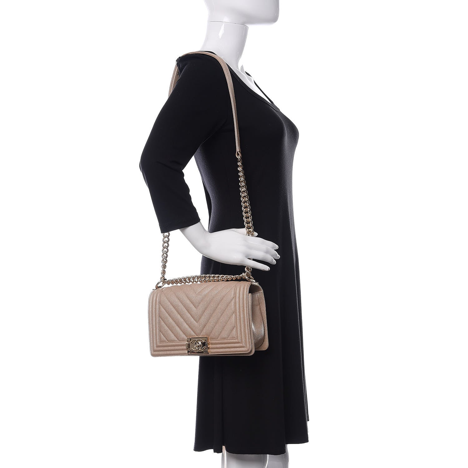 Chanel Metallic Caviar Chevron Quilted Medium Boy Flap Light Beige 2 of 9
