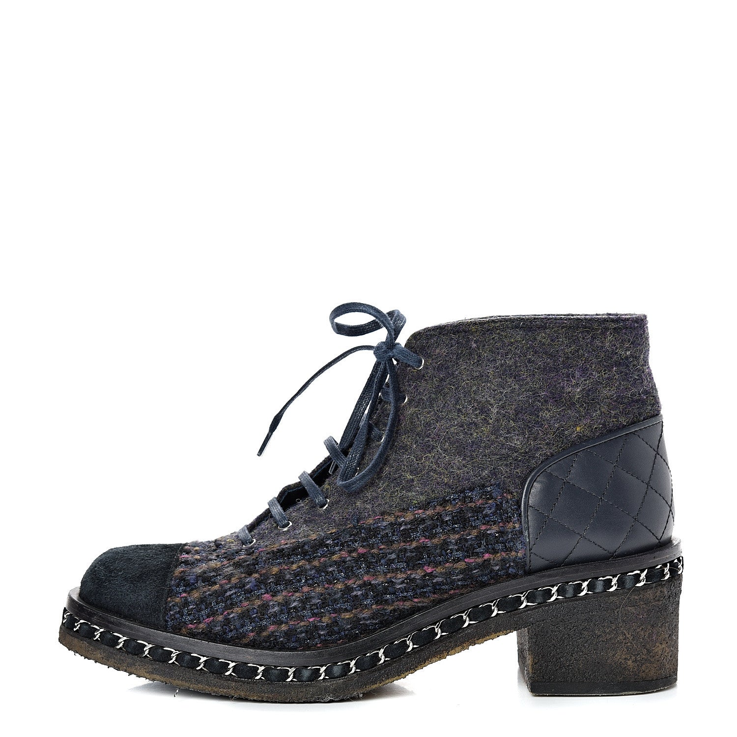 Chanel Wool Calfskin Tweed Lace Up Boots 42 Navy 1 of 12
