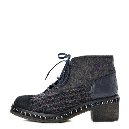 Chanel Wool Calfskin Tweed Lace Up Boots 42 Navy 1 of 12