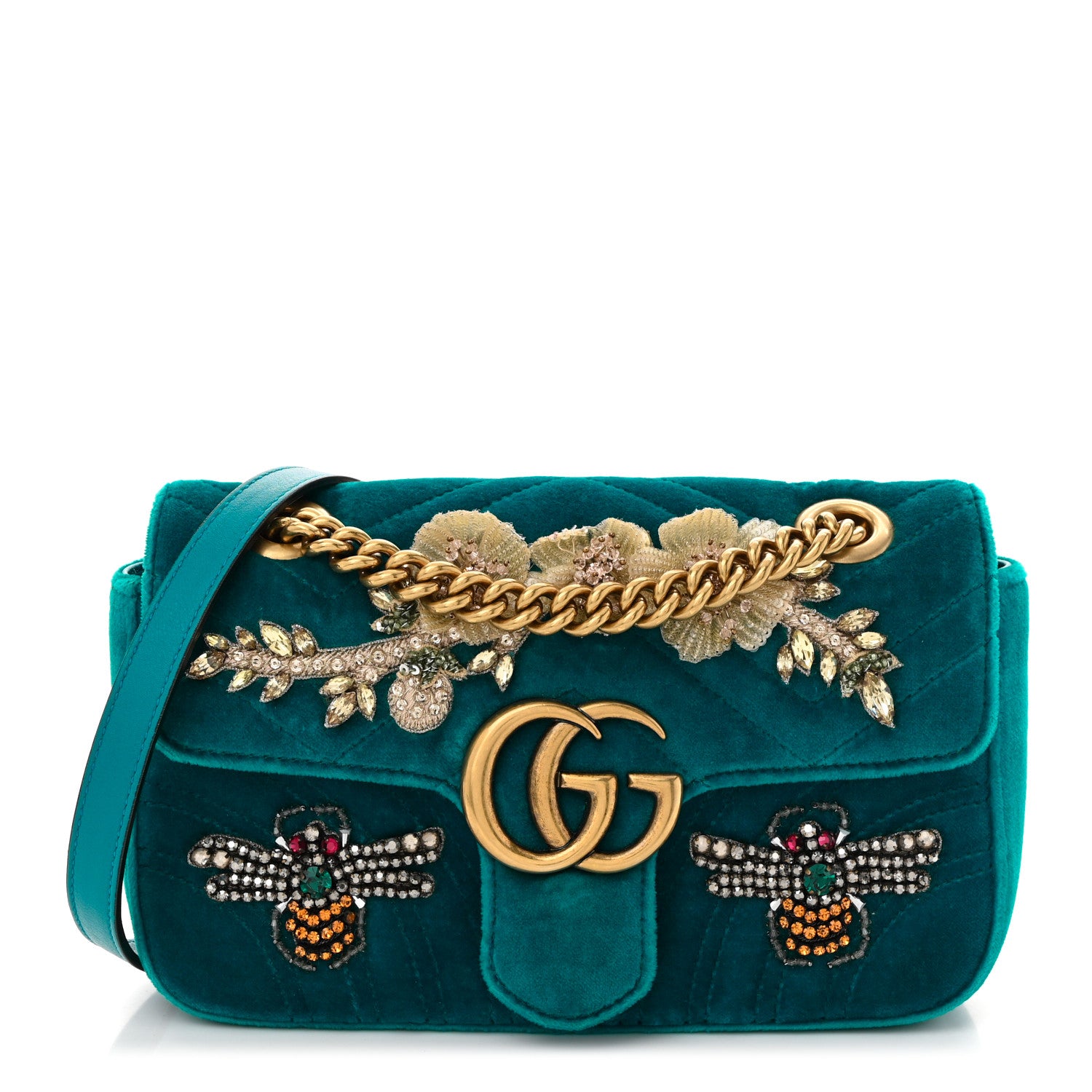 Gucci Velvet Matelasse Embroidered Mini GG Marmont Shoulder Bag Pavone Cyan 1 of 10
