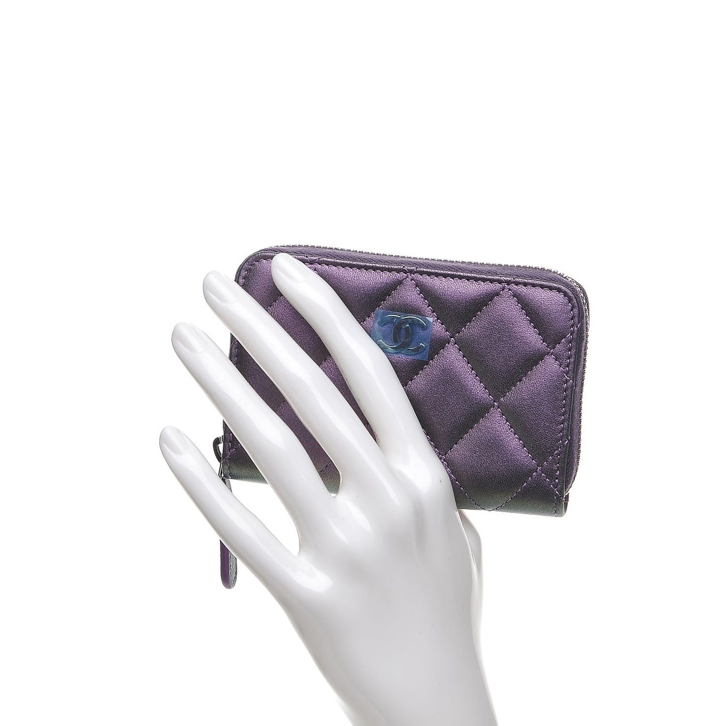 Metallic Lambskin Quilted Zip Around Coin Purse Wallet Dark Purple