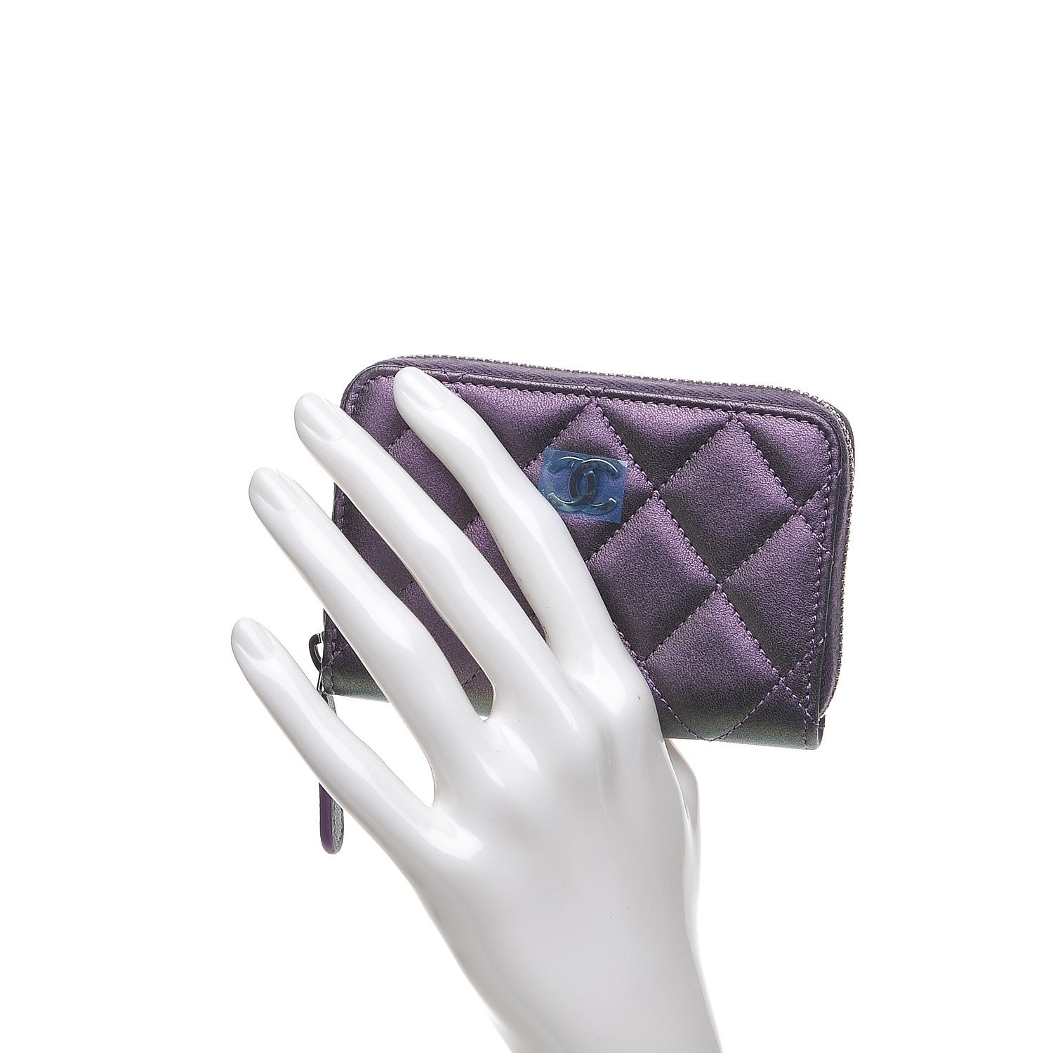Chanel Metallic Lambskin Quilted Zip Around Coin Purse Wallet Dark Purple 2 of 8