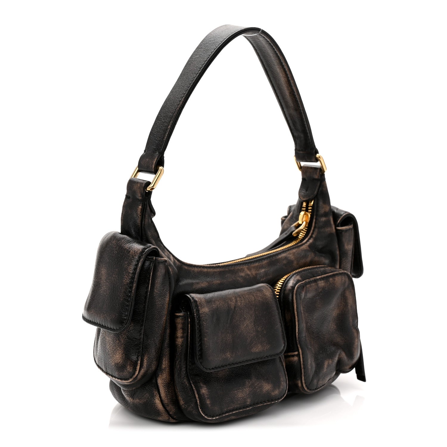 Miu Miu Distressed Nappa Pocket Bag Sand Coffee 1776601 – FASHIONPHILE