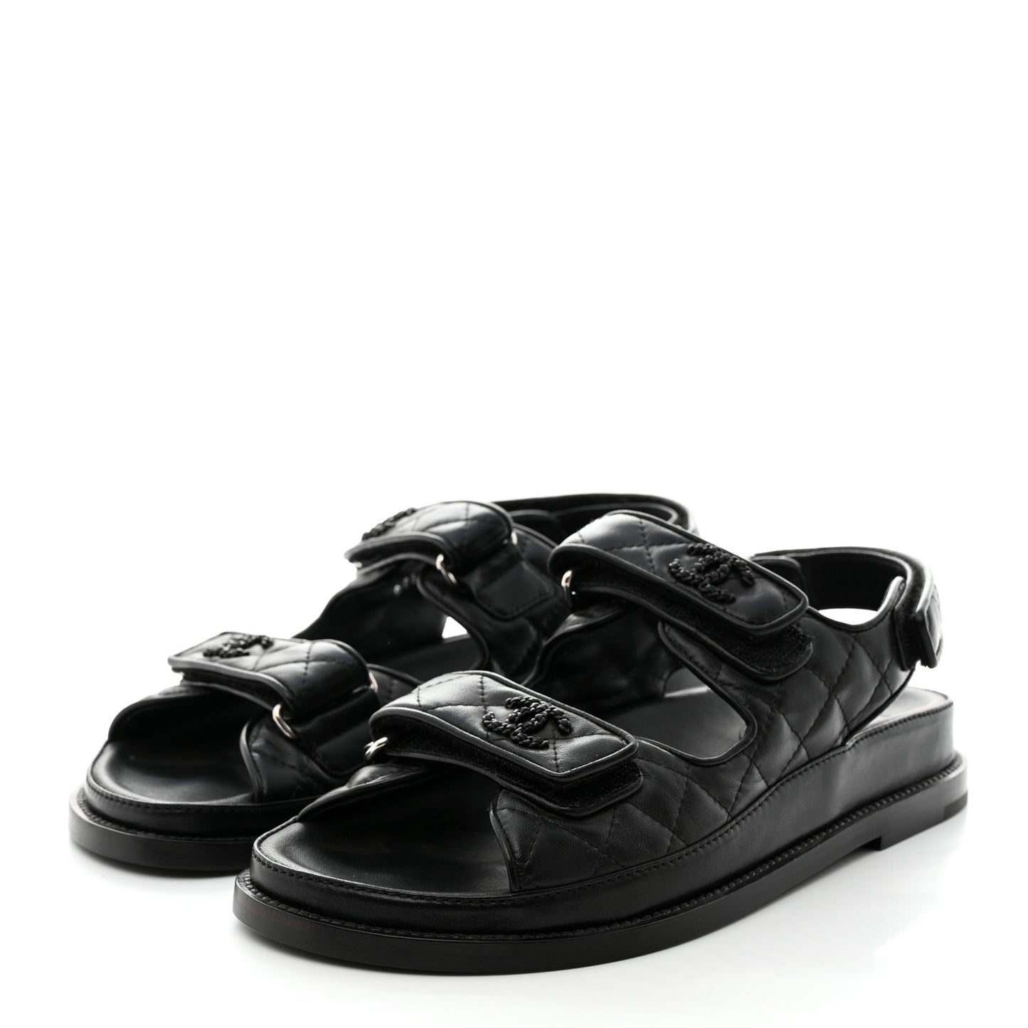 Lambskin Quilted Velcro Dad Sandals 38 Black
