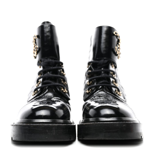 Shiny Goatskin Calfskin Quilted Lace Up Combat Boots 37 Black