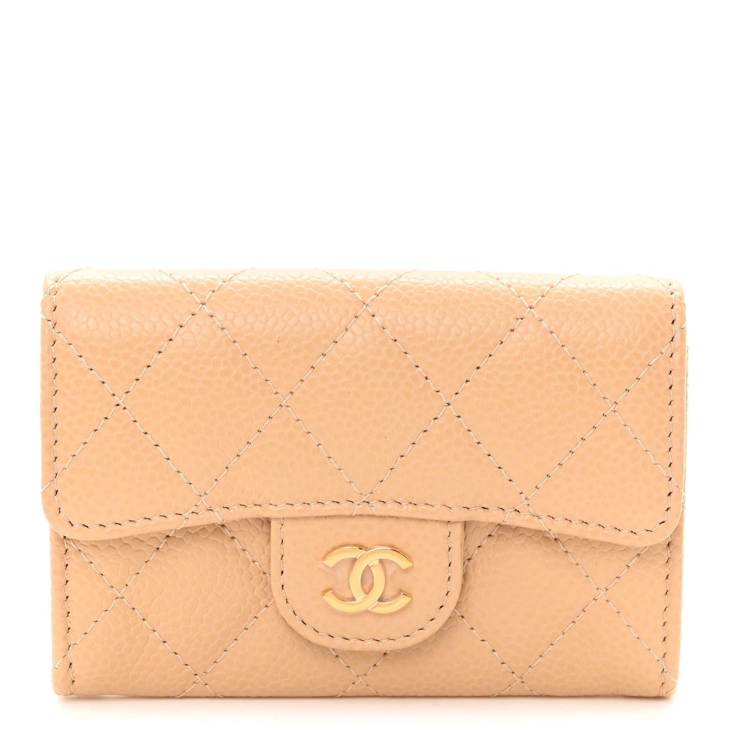 Caviar Quilted Flap Card Holder Wallet Beige