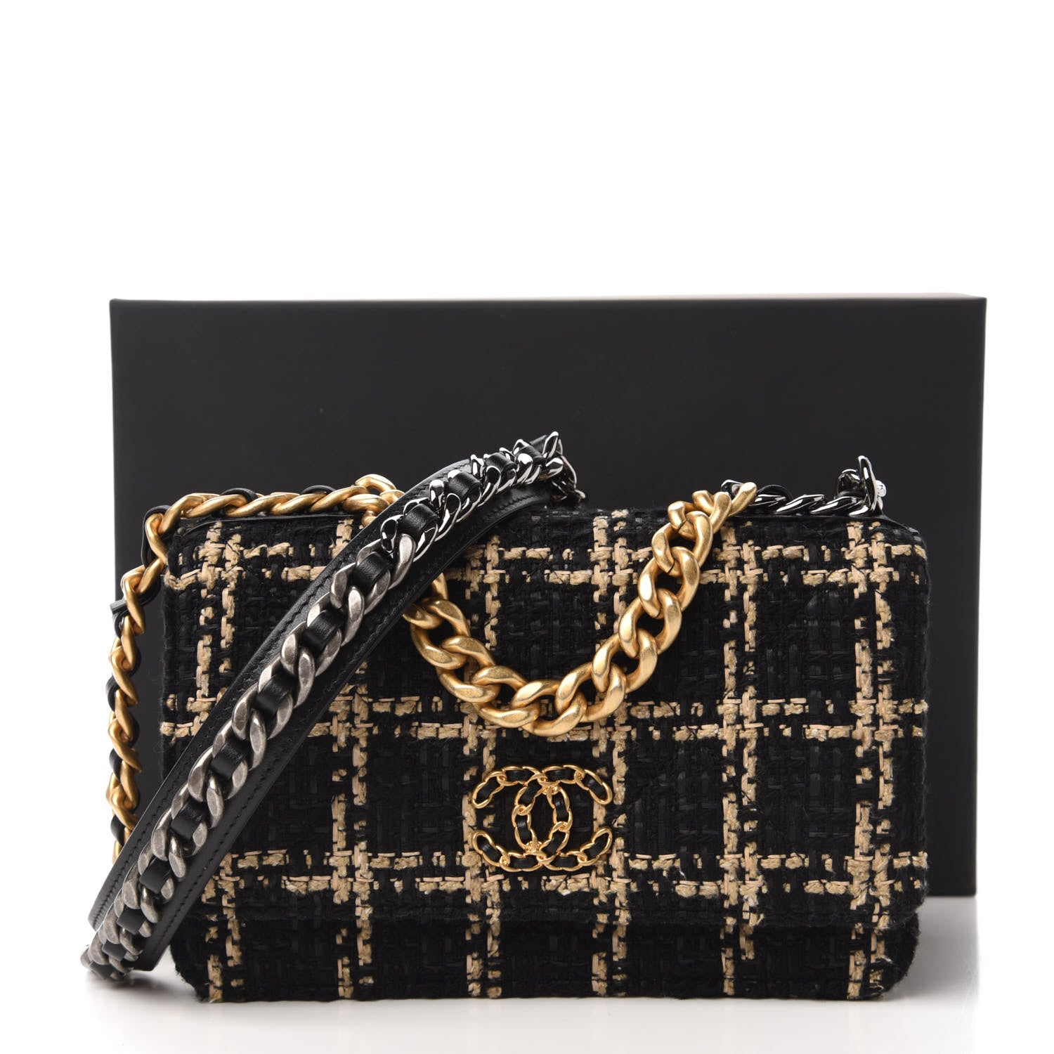 Chanel Tweed Quilted Chanel 19 Wallet On Chain WOC Black Beige 12 of 12