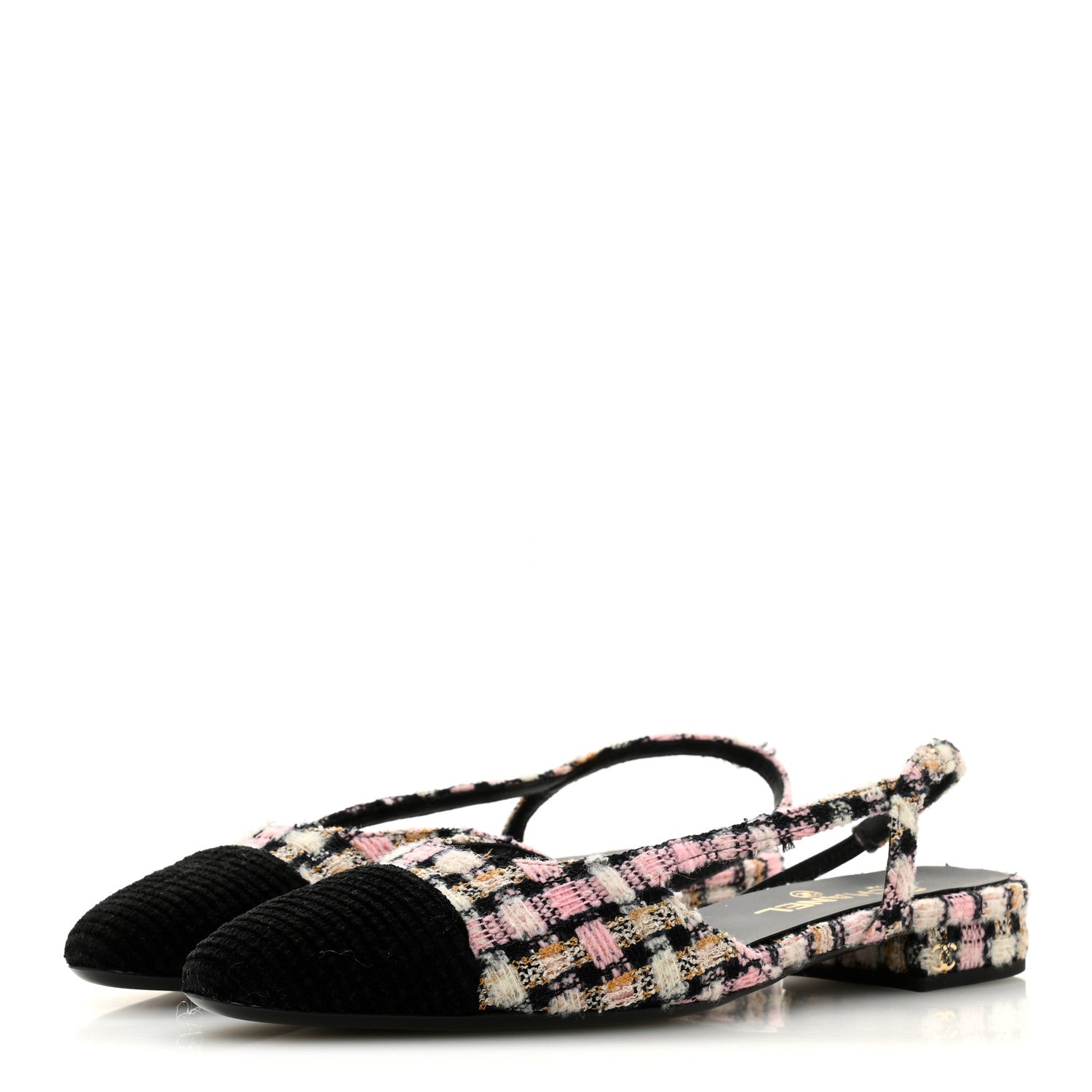 Chanel Tweed Cap Toe CC Slingback Flats 40 Black Pink White 4 of 10