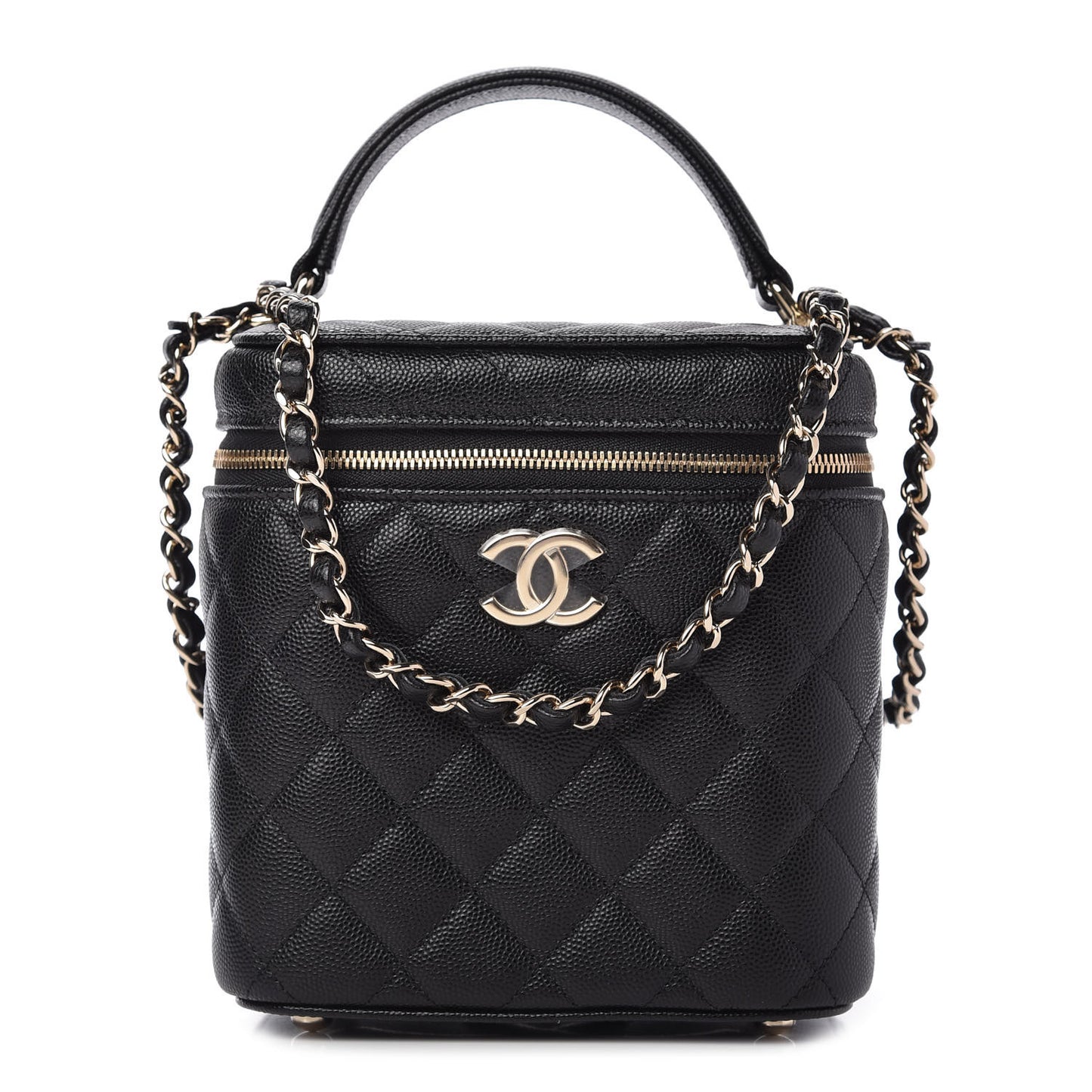 Caviar Quilted Small Top Handle Vanity Case With Chain Black