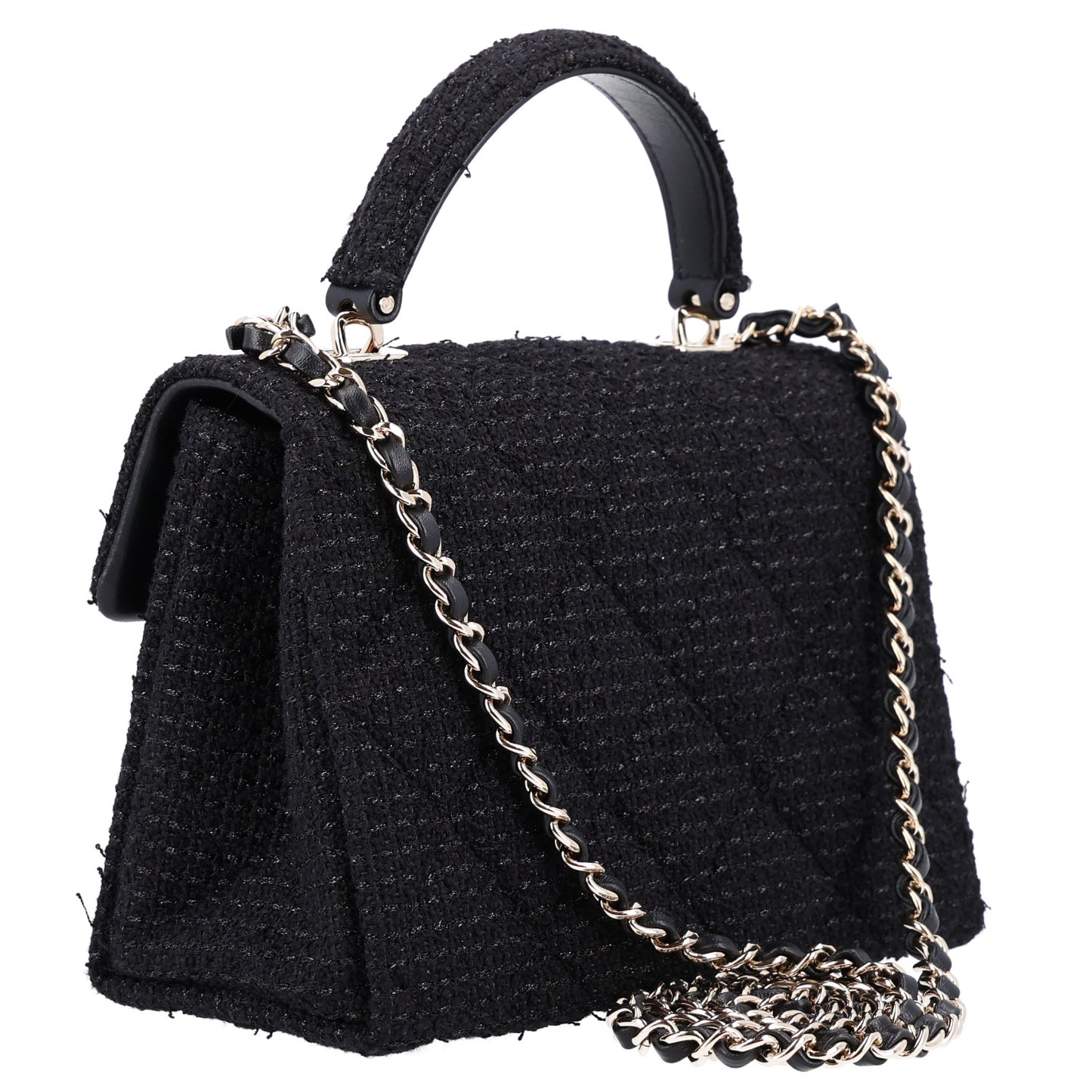 Tweed Quilted Medium Retro Twist Top Handle Flap  Black