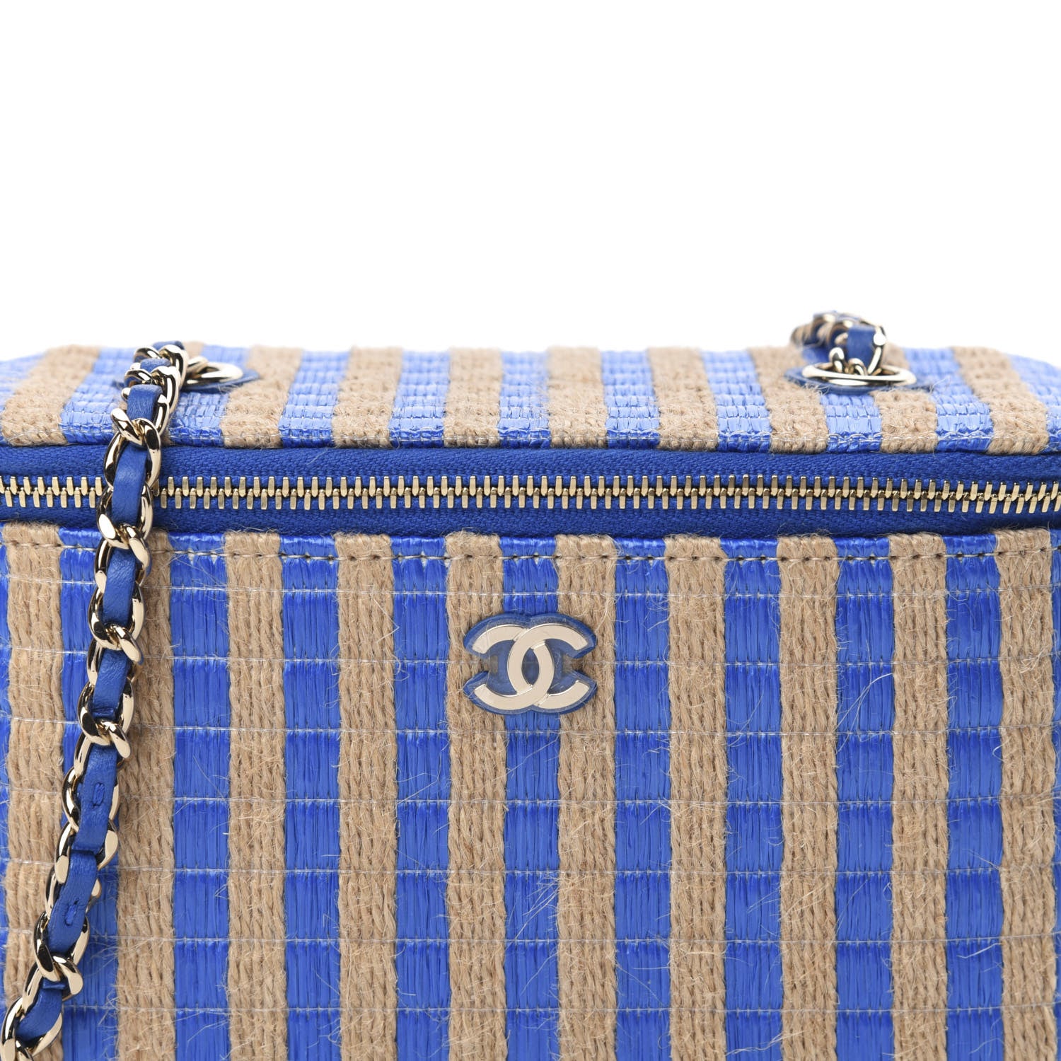Chanel Raffia Jute Striped Small Vanity Case With Chain Blue Beige 10 of 11