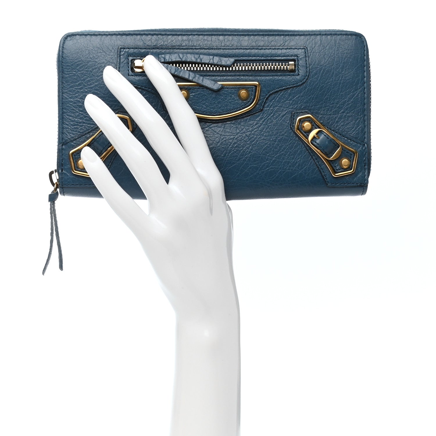 Balenciaga Chevre Gold Metallic Edge Hardware Zip Around Wallet Blue 2 of 7