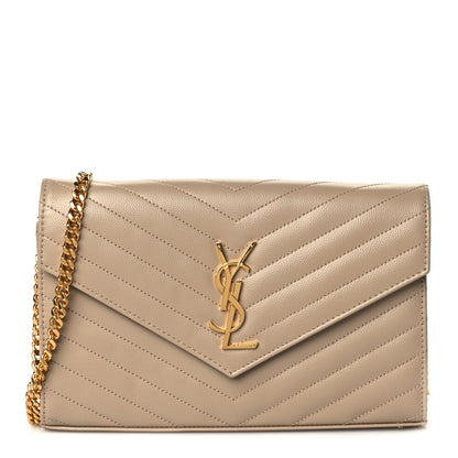 Saint Laurent Grain De Poudre Matelasse Chevron Monogram Chain Wallet Dark Beige 1 of 11