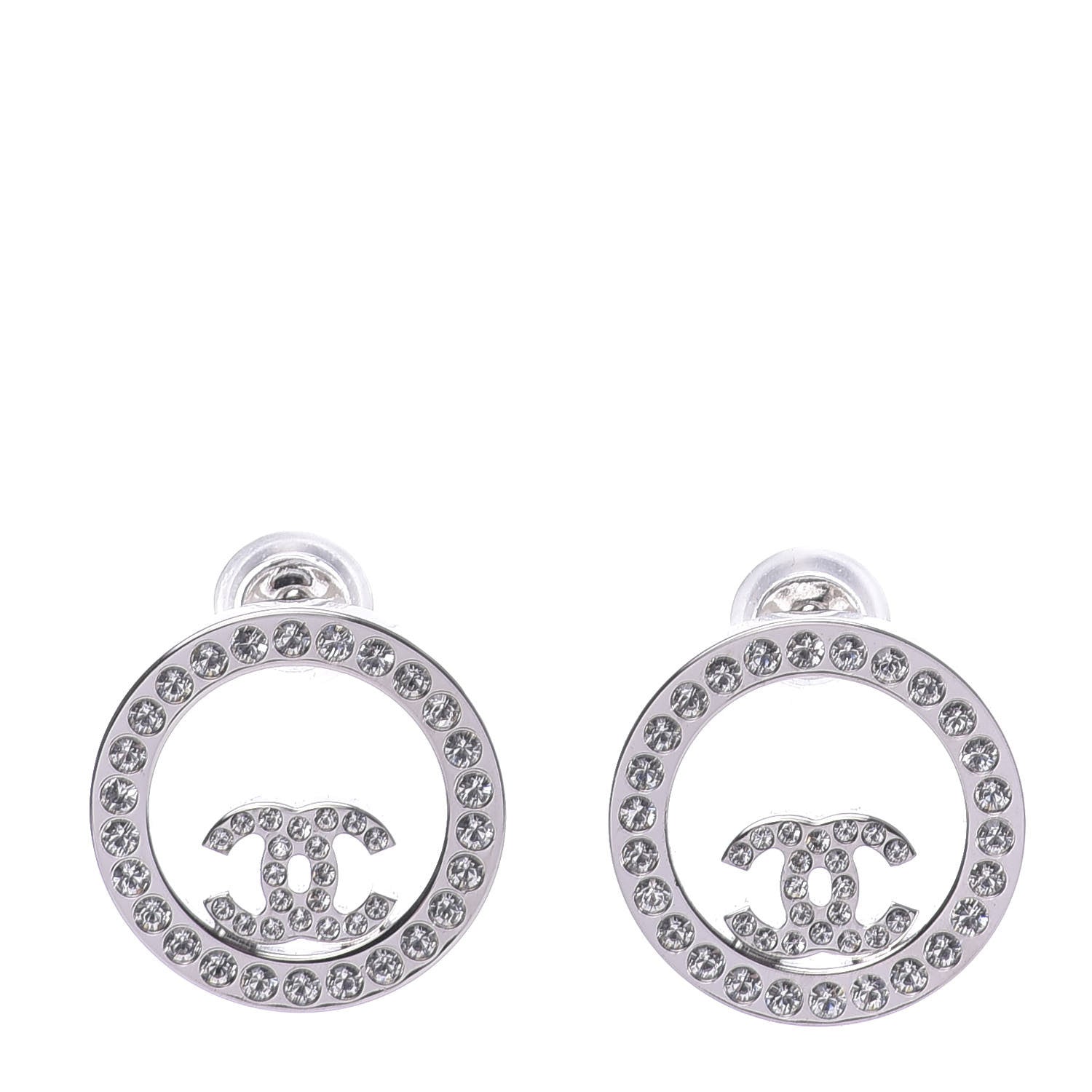 Chanel Crystal CC Round Earrings Silver 1 of 5