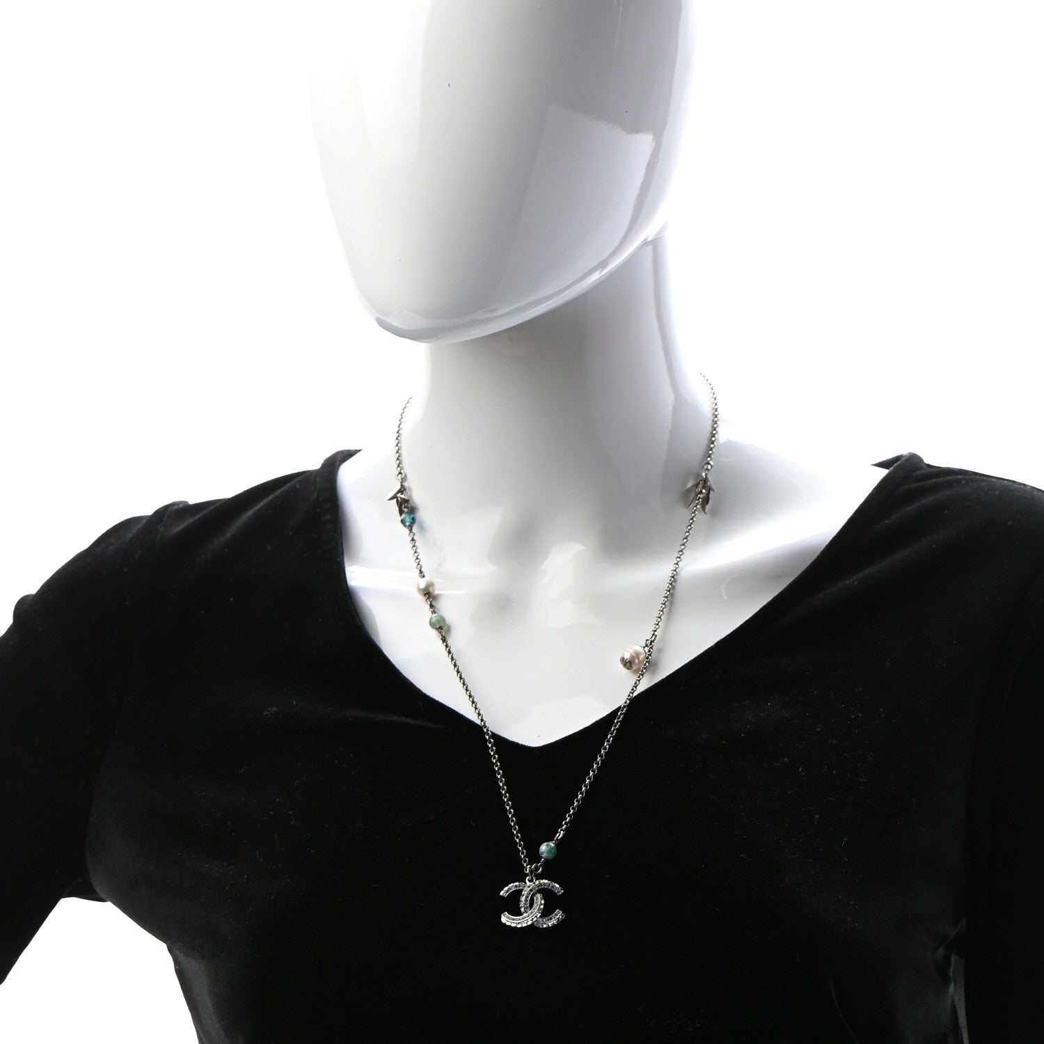 Chanel Crystal Bead Pearl CC Pendant Long Necklace Silver Blue 2 of 6