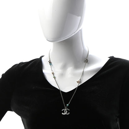 Chanel Crystal Bead Pearl CC Pendant Long Necklace Silver Blue 2 of 6