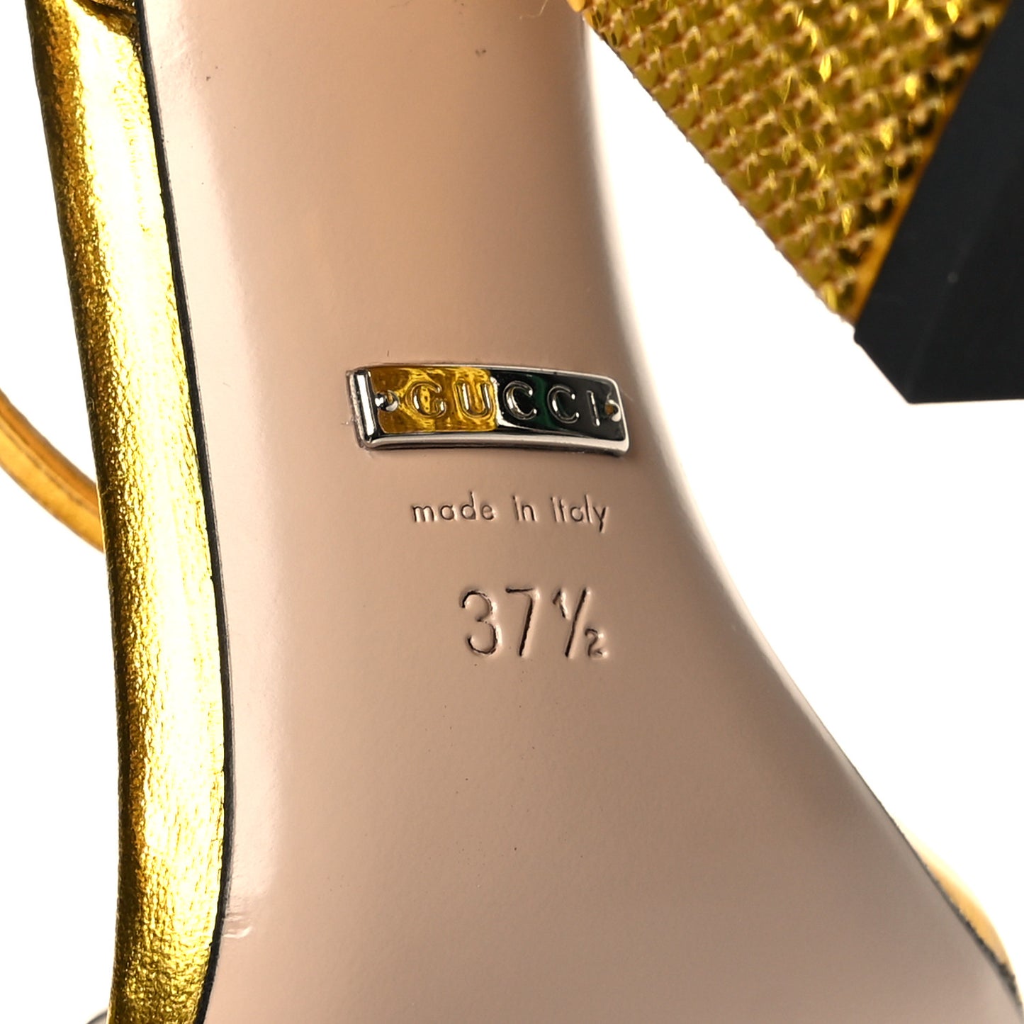 Sequin Satin Malaga Kid GG Marmont Ankle Wrap 75mm Sandals 37.5 Gold Yellow