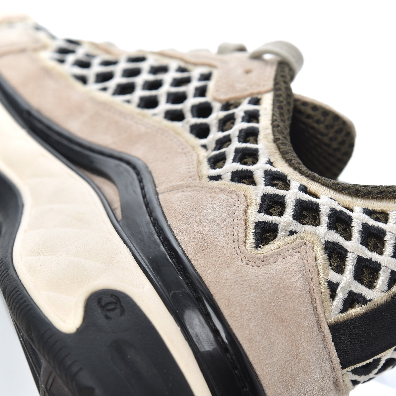 Chanel Suede Calfskin Embroidered CC Sneakers 38 Beige Black 10 of 18