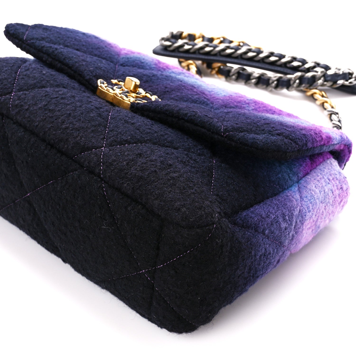 Chanel Wool Tweed Quilted Large Chanel 19 Flap Purple Black Blue 10 of 10