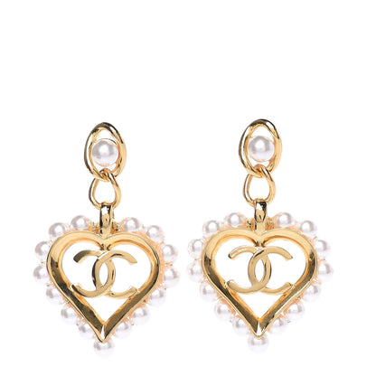 Chanel Pearl Heart CC Drop Earrings Gold 1 of 5