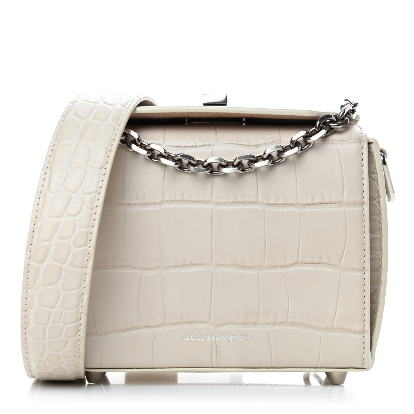 Calfskin Crocodile Embossed Box Shoulder Bag 16 Cream