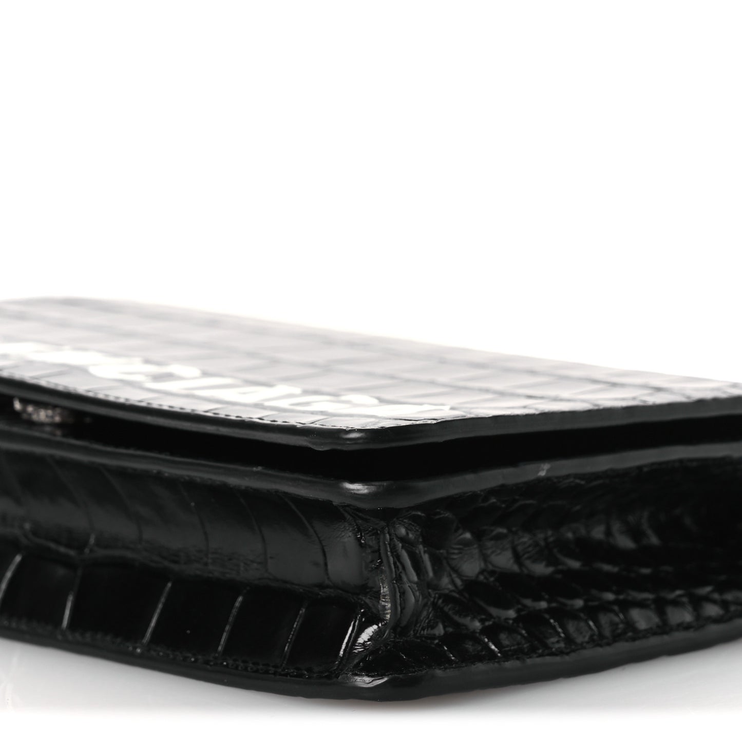 Shiny Calfskin Logo Crocodile Embossed Ville Wallet on Chain Black