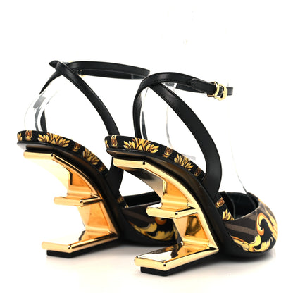 Fendi X VERSACE Silk Calfskin Fendace Fendi First 95mm Slingback Sandals 35 Tobacco Black Gold 4 of 7