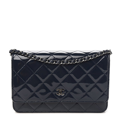 Chanel Patent Quilted Wallet On Chain WOC Navy Blue 1 of 9