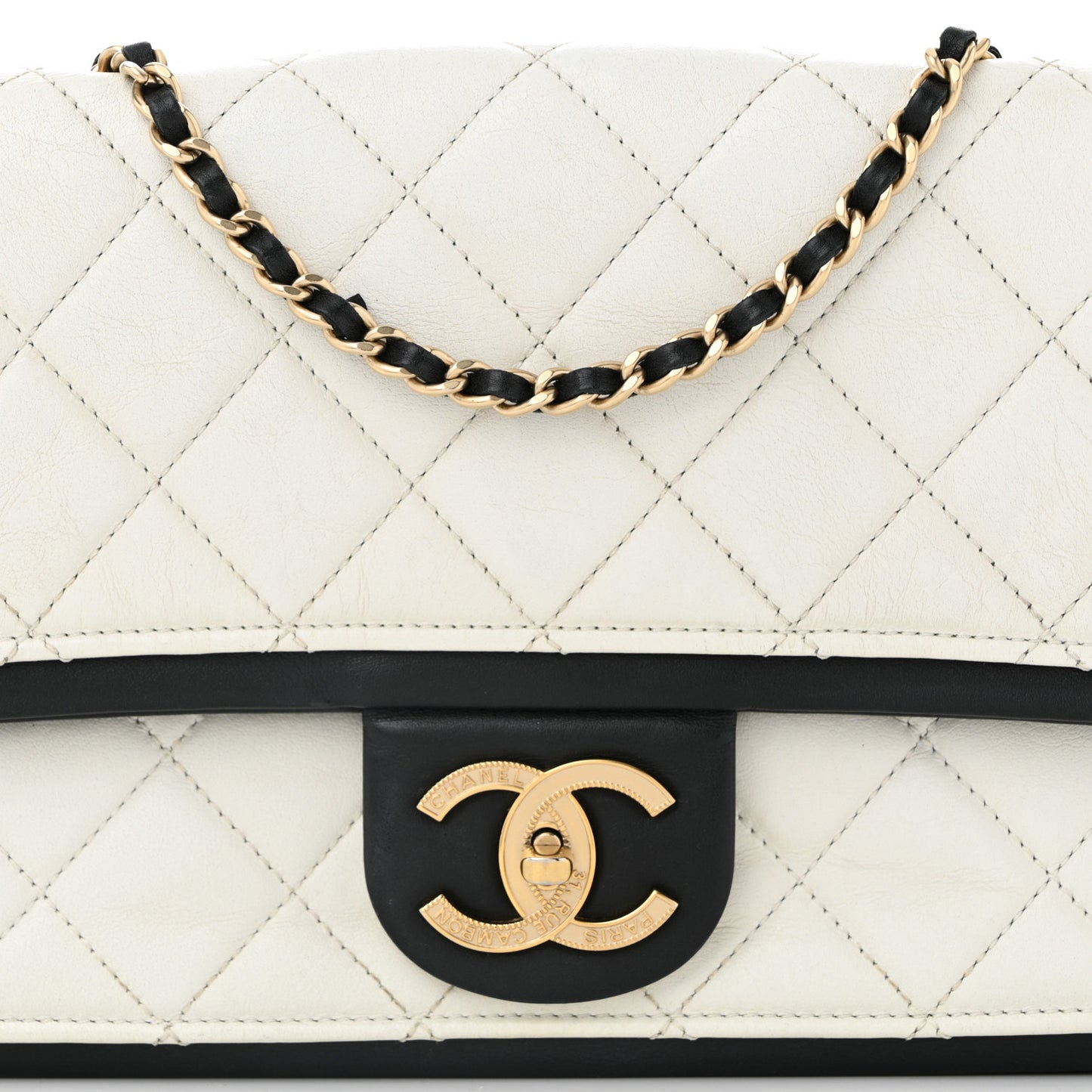 Calfskin Quilted Graphic Flap Bag Black White