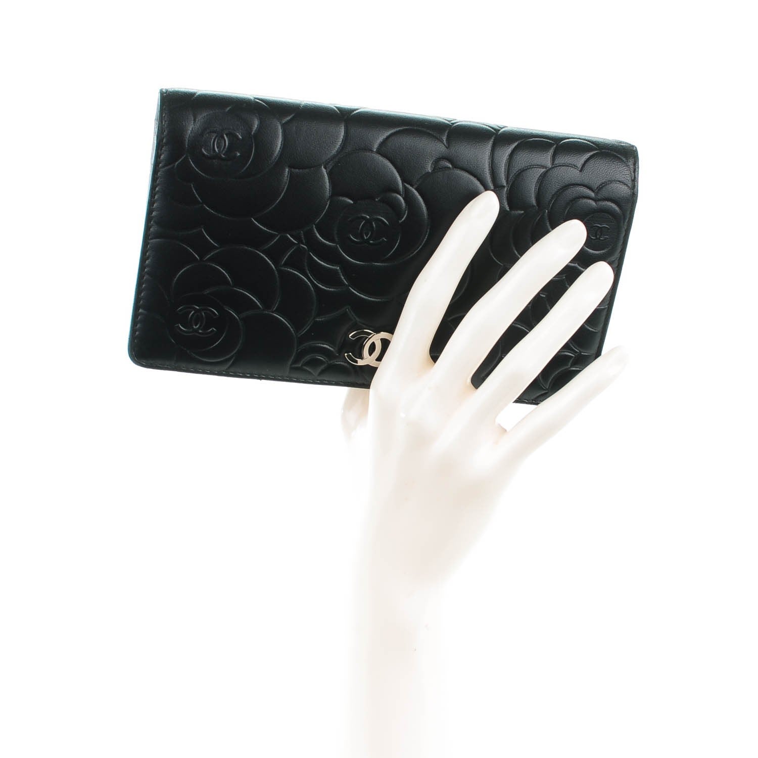 Chanel Lambskin Camellia Embossed Yen Wallet Black 2 of 9